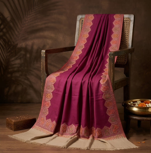 Naqsh-e-Kashmir Woven Kani Jacquard Wine Shawl with Solid Panel & Traditional Border