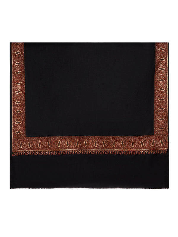 Woolen Women Shawl in Warm Black with Intricate Traditional Embroidered Border (80 x 40 Inches)