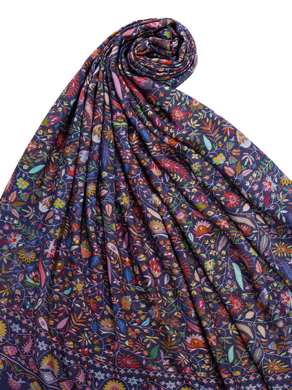 Printed Bamboo Silk Women Shawl – Blue Floral Statement Wrap (80 x 40 Inches)