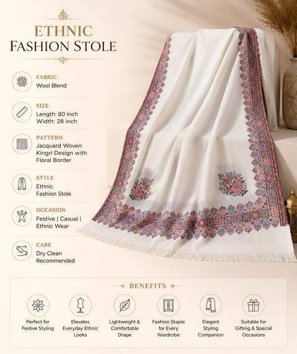 Mir-e-Khas Men's Kashmir-Inspired Kingri Jacquard Woven White Shawl with Floral Border