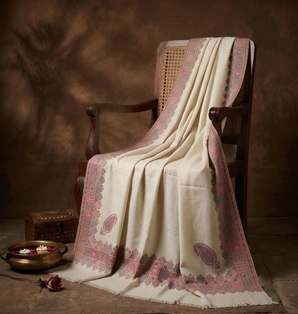 Mir-e-Khas Men's Kashmir-Inspired Kani Paisley & Geometric Border Wool Blend White Shawl
