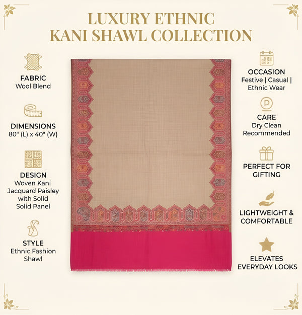 Naqsh-e-Kashmir Woven Kani Jacquard Pink Shawl with Solid Panel & Traditional Border
