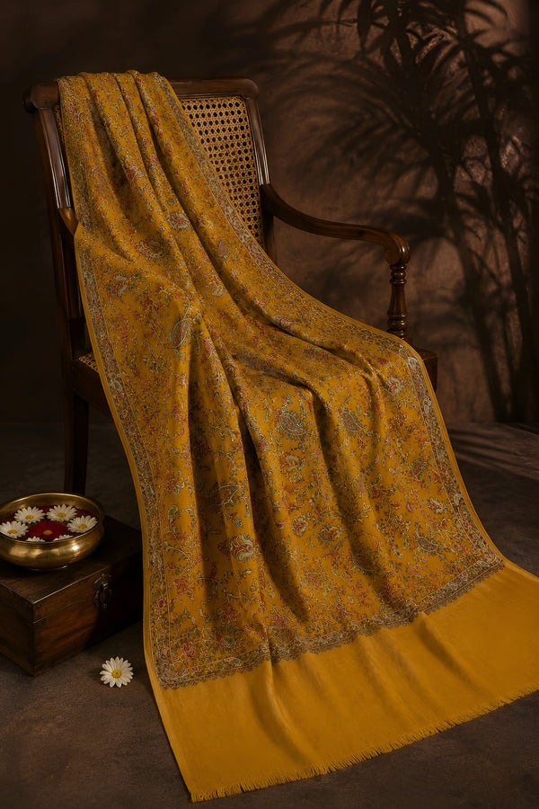 Mir-e-Khas Men's Kashmir-Inspired Jamawar Floral Paisley Vine Yellow Shawl