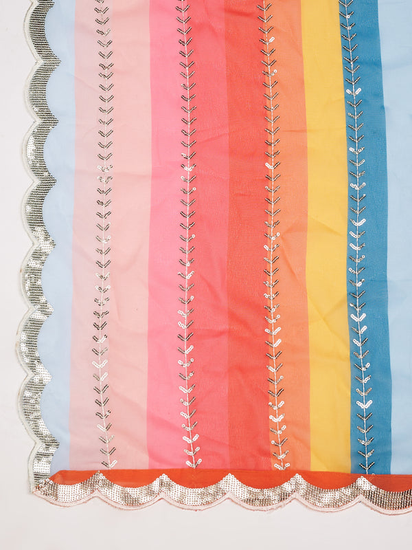 Multicolour Striped Georgette Dupatta with Gota Lace Border (Size: 2.5x1 m Approx)