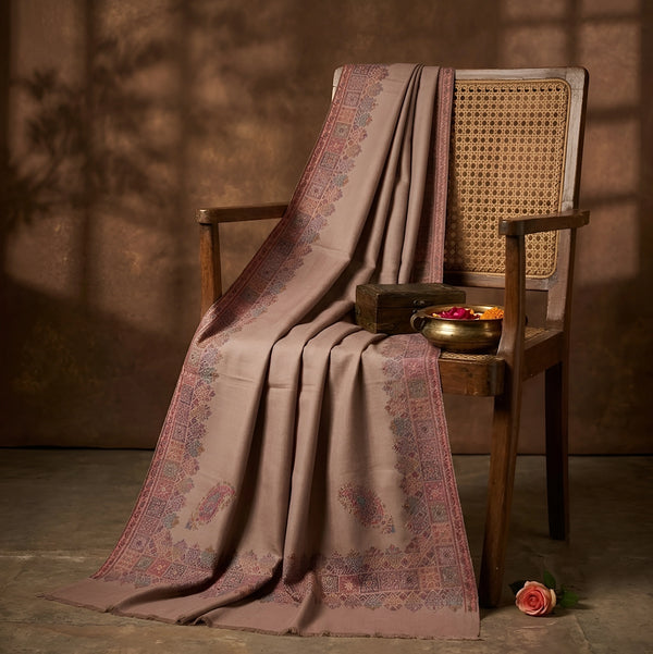 Mir-e-Khas Men's Kashmir-Inspired Kani Paisley & Geometric Border Wool Blend Brown Shawl