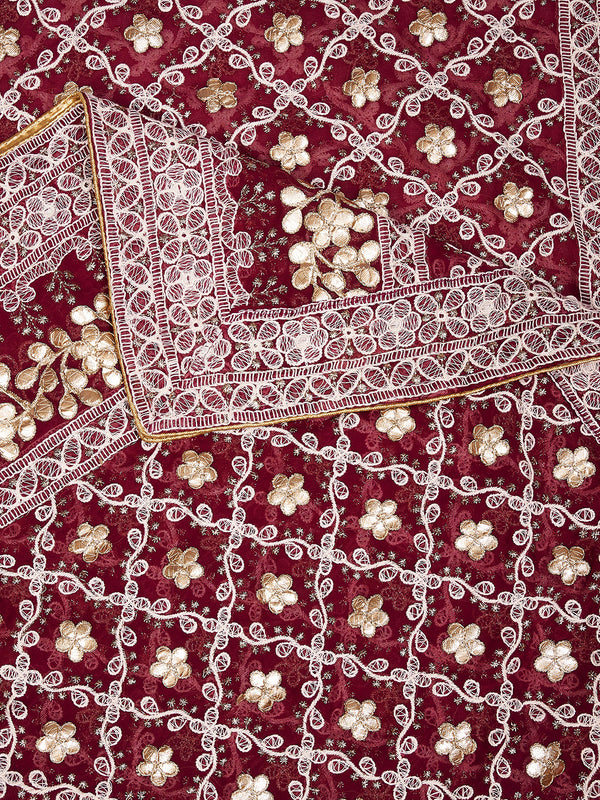 Maroon Georgette Dupatta with Gold Foil Booti & Lace Border (Size: 2.5x1 m Approx)