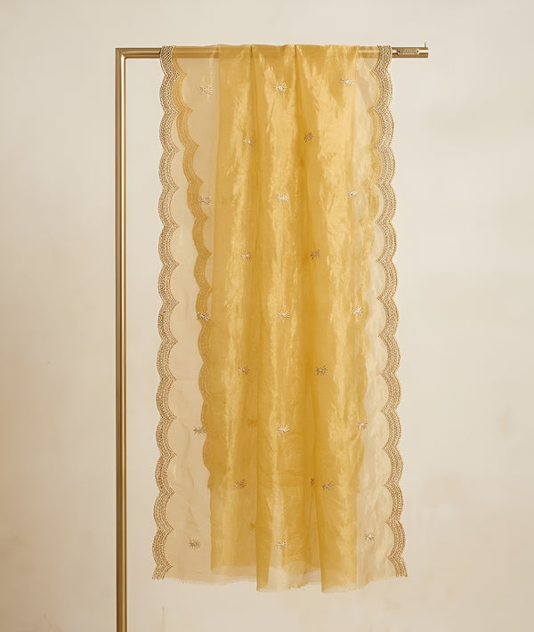 Designer Twill Net Women Gold Dupatta with 2 Side Scalloped Border & Buti Embellishment