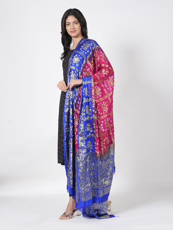 Bandhani Banarasi Gharchola Silk Dupatta in Pink & Royal Blue (Size: 2.5x1 m Approx)
