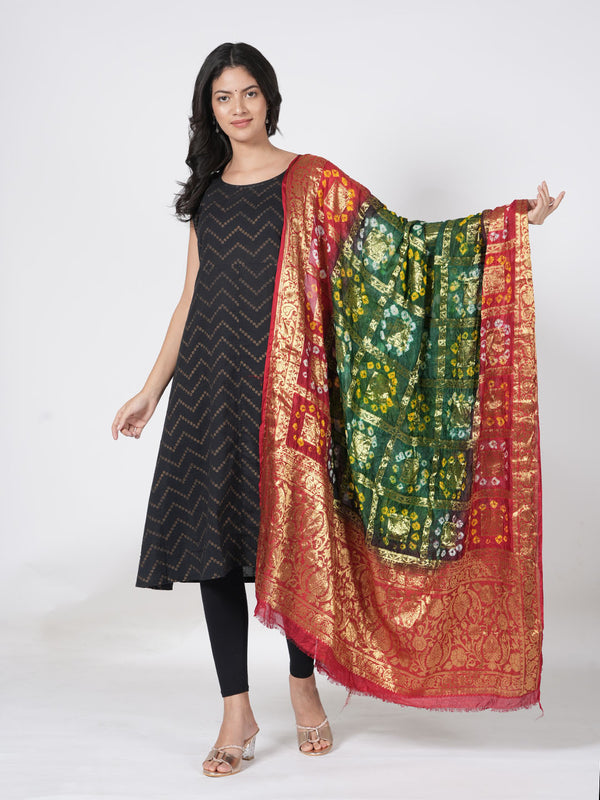 Bandhani Banarasi Gharchola Silk Dupatta in Green & Maroon (Size: 2.5x1 m Approx)