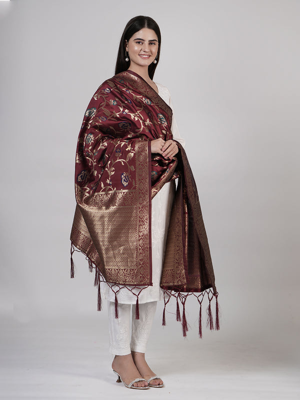 Wine Paithani Silk Dupatta with Floral Zari Jaal & Traditional Border (Size: 2.5x1 m Approx)