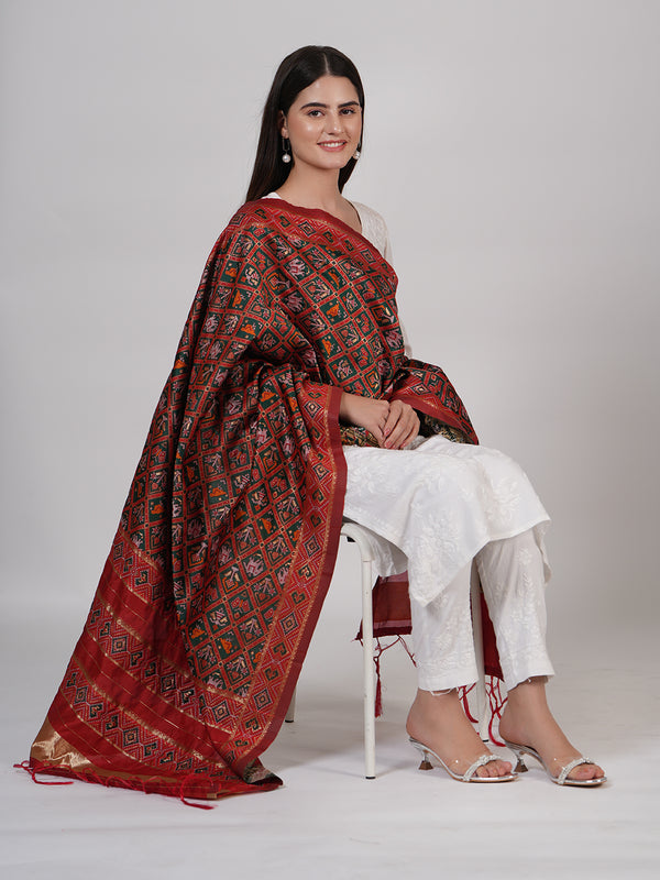 Royal Red Paithani Silk Dupatta with Geometric Motifs & Contrast Zari Border (Size: 2.5x1 m Approx)