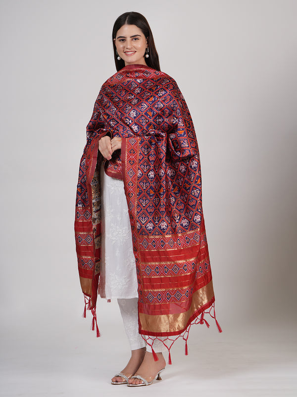 Royal Orange Paithani Silk Dupatta with Geometric Motifs & Contrast Zari Border (Size: 2.5x1 m Approx)
