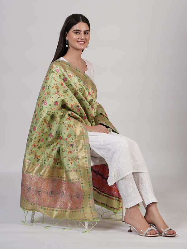 Light Green Kashmiri Silk Dupatta with Multicolour Floral Vine Weave & Zari Border (Size: 2.5x1 m Approx)