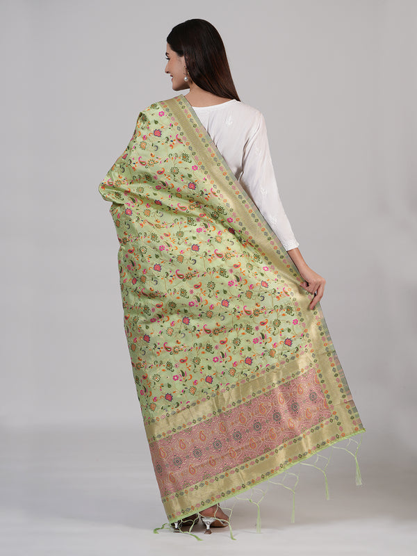 Light Green Kashmiri Silk Dupatta with Multicolour Floral Vine Weave & Zari Border (Size: 2.5x1 m Approx)