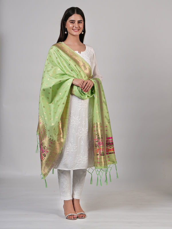 Green Paithani Silk Dupatta with Gold Zari Butti & Traditional Border (Size: 2.5x1 m Approx)
