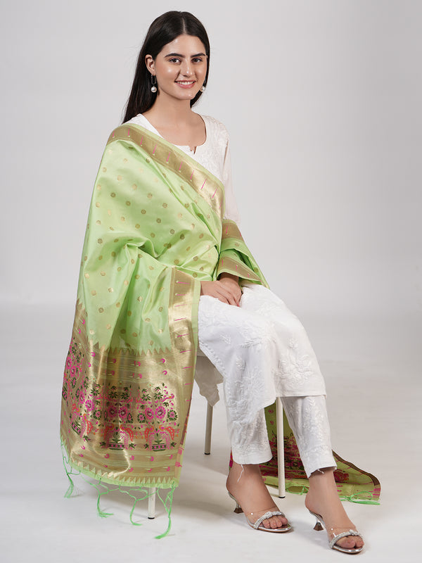 Green Paithani Silk Dupatta with Gold Zari Butti & Traditional Border (Size: 2.5x1 m Approx)
