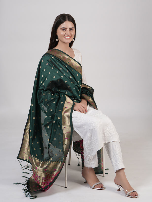 Bottle Green Paithani Silk Dupatta with Gold Zari Butti & Traditional Border (Size: 2.5x1 m Approx)