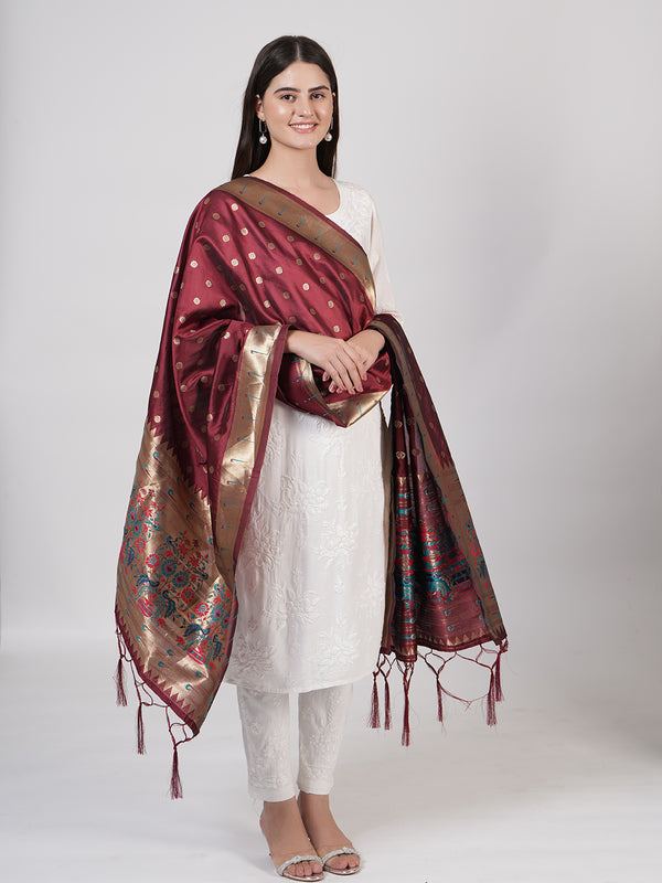 Maroon Paithani Silk Dupatta with Gold Zari Butti & Traditional Border (Size: 2.5x1 m Approx)