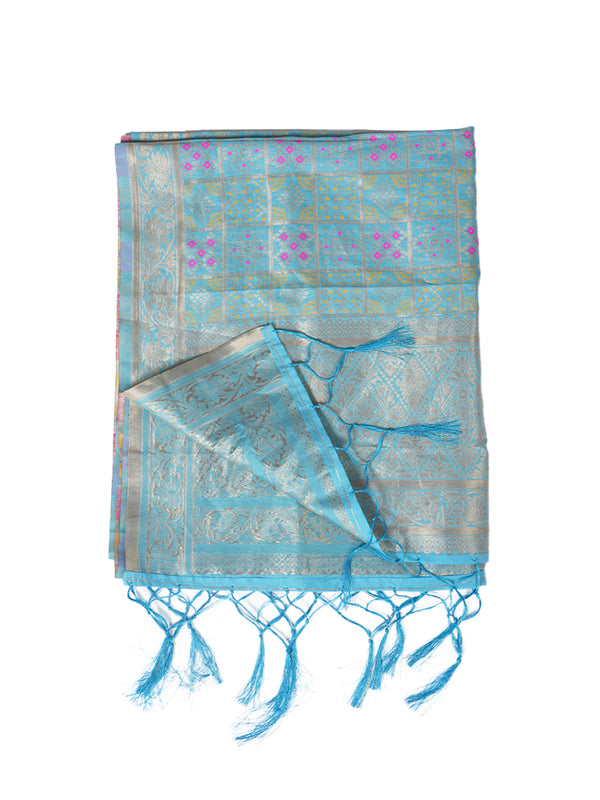 Teal Paithani Silk Dupatta with Geometric Zari Jaal & Traditional Border (Size: 2.5x1 m Approx)