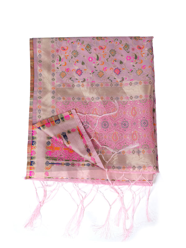 Pink Kashmiri Silk Dupatta with Multicolour Floral Vine Weave & Zari Border (Size: 2.5x1 m Approx)