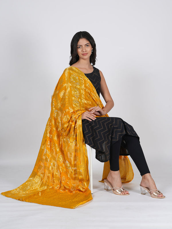 Gold Bandhani Banarasi Gharchola Silk Dupatta with Zari Border (Size: 2.5x1 m Approx)