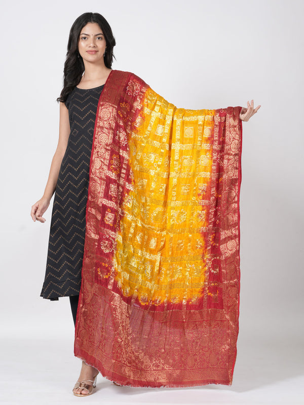 Bandhani Banarasi Gharchola Silk Dupatta in Yellow & Maroon (Size: 2.5x1 m Approx)