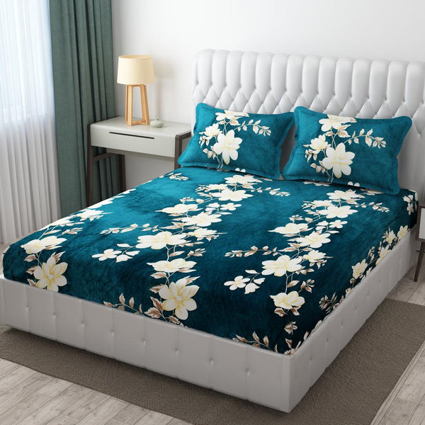 Premium Winter Flannel Bedsheet | 300 GSM | Teal Floral Design | 90×100 inches Bedsheet My Store 
